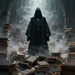 a sorcerer wearing a black robe stands above a swirling pile of books, dramatic, mist