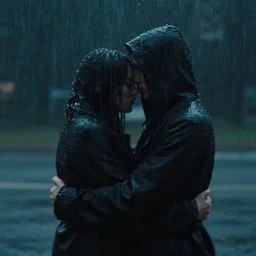 an emotional dark picture of two shadowy figures hugging each other, it is raining heavily, 35mm, motion blur