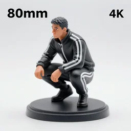 80mm resin detailed miniature of man squatting in black Adidas tracksuit, Product Introduction Photos, 4K, Full body,