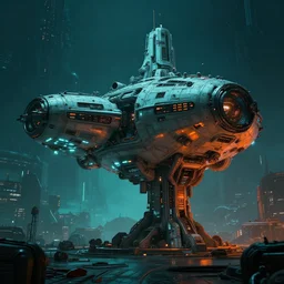 military space station, exterior, teal glow, orange glow, scifi, machines, artificial intelligence, ultra realistic, highly detailed, futuristic landscape, industrial, city, atmosphere, highlighted, cinematic, art by jan urschel and neil blevins