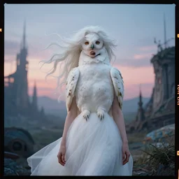 kodak portra 4 0 0 fine art portrait by paolo roversi of a dystopian woman hybrid white owl in a scenic dystopian environment, white hair floating in air, twilight, dreamy, elegant, highly detailed, digital art, artstation, smooth, sharp focus, tomasz alen kopera, peter mohrbacher. donato giancola, matt colors