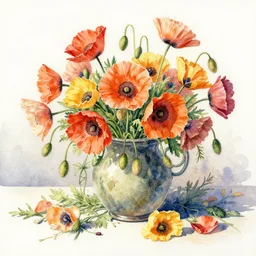 a hiper intricate watercolor of a beatifull still life with poppys, extremely detailed, sharp focus, wide view, smooth, digital illustration, colorfull, by william turner art, by greg rutowski, by carl larson, by edmund dulac