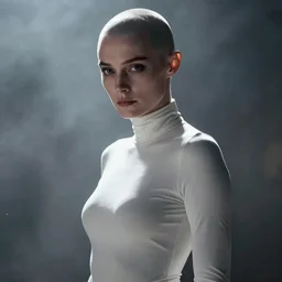 film still of elizabeth debicki as asajj ventress, bald head, pale grey skin, focus on face, wearing tight white turtleneck glamour pose, dramatic lighting, unreal engine, mist, steve mccurry, cinematic composition, volumetric lighting