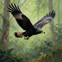 drawing of a black eagle flying over a forest