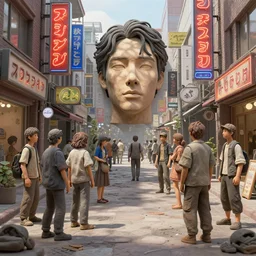 people made of plastic and clay, 3 d exteriors city street, japanese neon signs, portrait face, dappled light, in the style of matt murphy, jeremy enecio, miles johnston, monet, cynical realism, john william godward, yoshitaka amano, miles johnston, louise zhang, matt murphy, enes dirig, pekka halonen, finnish naturalism, realism