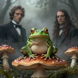 a frog sitting on mushroom, full body shot, matte painting, unsettling, misty, by lovecraft and greg rutkowski, luis royo and wayne barlowe, artstation