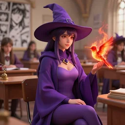 Young petite beautiful woman in slim purple wizards apprentice robes with pointy hat sitting in a classroom at a crowded magical university with a flaming magical red flame hummingbird pet, unreal engine hyperreallistic render 8k character masterpiece digital art, cell shader shading, raytracing, comic art, manga, trending on Artstation, CGSociety
