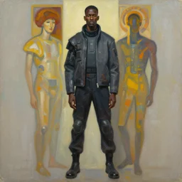 a full body portrait oil painting illustration of an african man by justin sweet and greg rutkowski and alphonse mucha with face and body clearly visible, techwear, futuristic, cyberpunk, artstation trending, high quality, sombre mood, artstation trending, abstract colours, no crop, entire character!,