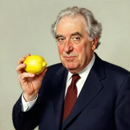 milton friedman holding a lemon, in the style of greg rutkowski
