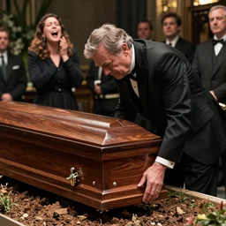 ben stiller dressed in black, heartbroken at his father's burial, casket being lowered into the ground, a wailing woman in the background
