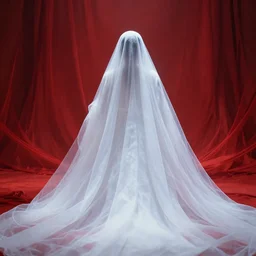 ghost bride, white, long, flowing, translucent gown, vivid red colours, cinematic, in the style of zhang pang, first - person