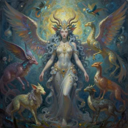 a painting of the spirit of fantastic and mythical creatures by geenss archenti flores, elegant, psychedelia, artstation, concept art, ambient occlusion, vray render,