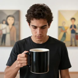 portrait of a ( ( ( black oversizeceramic mug of coffee ) ) ), dotado young handsome brazilian man looking into the mug, 3 d photorealistic, parts by beksinski, parts by goro fujita, parts by yue minjun, by filip hodas