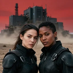 cinestill 5 0 d photographic portrait of two loving clones, women wearing rugged black techwear on a desolate plain with a red sky, closeup, diverse species, cyberpunk, in front of a brutalist dark metal facility, dust storm, 3 5 mm, 8 k, f / 1 6, high resolution, ultra realistic faces, beautiful faces