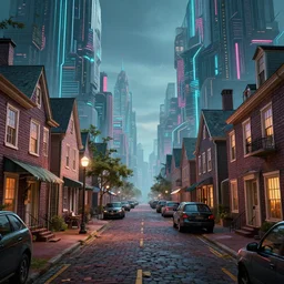 colonial portsmouth new hampshire street as a cybercity, cyberpunk, colonial, synthwave, futuristic colonial hybrid, cinematic, volumetric, realistic, cinematic lighting, ray tracing, unreal engine 5, octane render, hyper realistic, photo, 8 k