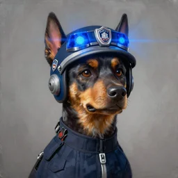 cinematic bust portrait of police dog with blue police light siren police helmet, blue light and siren, police dog, head and chest only, desaturated, tim hildebrandt, wayne barlowe, bruce pennington, donato giancola, larry elmore, oil on canvas, masterpiece, featured on pixiv, cinematic composition, dramatic pose