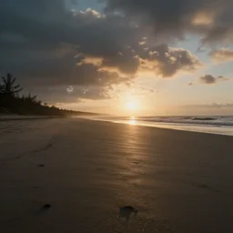 low angle shot of empty beach, sunrise, cinematography by jim jarmusch