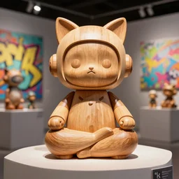 8 k octan, advertising, highly detailed, photo, a totally wooden figurine collectible art toys wooden on feet, very cute fat cyborg meditation zen with cat ears, cyberpunk, graffiti ratio, design, showroom dealership indoor display convention exhibition a contemporary art gallery masterpiece - a ddim