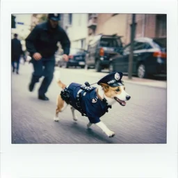 a dog wearing a policeman uniform, chasing a robber down a street, polarid