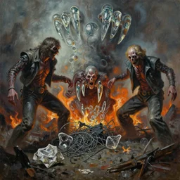 oil painting of 1 9 7 8 battle of rococo glass fangs wire garbage, only glass by alberto bontempi, simon bisley & boris vallejo, hyper realism, atomic, creepy, on fire, cinematical