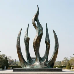 six foot tall abstract bronze sculpture of a flame