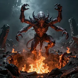 vfx of cthulhu is being burnt alive while falling into the deep pits of hell, detailed, vray render, realistic