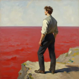 an attractive male standing on a cliff, looking out at a red ocean, jc leyendecker!! phil hale!, angular, brush strokes, painterly, vintage, crisp