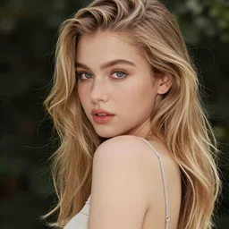 girlfriend European mixed with Asian beautiful gorgeous, cute dazzling eyes, shy, blonde hair, wearing camisoles