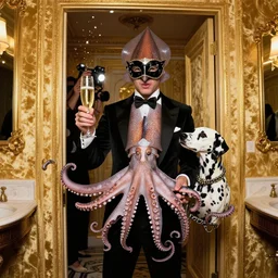 1 9 9 7 luxurious sumptuous and elegant portrait of a masked squid at black tie ball, with a beautiful dalmatian chained to each tentacle. holding a mollusc filled with champagne. velvet gold opulence and flash photography falling through the door of a decadent washroom