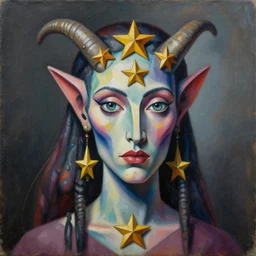 Intricate five star Vulcan Woman portrait by Pablo Picasso, oil on canvas, HDR, high detail, Photo realistic, hyperrealism,matte finish, high contrast, 3d depth, masterpiece, vivid and vibrant colors, enhanced light effect, enhanced eye detail,artstationhd