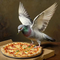 a pigeon eating a pizza with its wings, oil painting by da vinci
