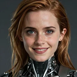scifi emma watson looks like alita battle angel, big eyes, smiling face, extremely high detail, extremely high detailed face, cyborg, photorealism, emma watson, sony a 7 r