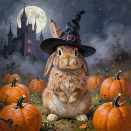 breathtaking detailed soft painting of A RABBIT WIH A WITCH HAT, in a pumpkin field at moonlight with mists and dracula castle, elegant, highly detailed, artstation, concept art, matte, sharp focus, art by Anato Finnstark, Artgerm and Greg Rutkowski