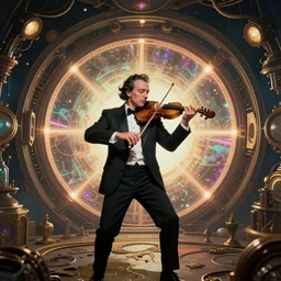 a extremely detailed masterpiece of a violin singer in a steampunk, psychedelic symmetric lights, opening a portal into another dimension, in the style of salvador dali, glowing light and shadow, hyperrealist, 8 k