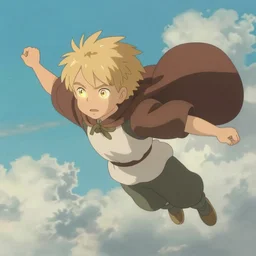 blonde boy with glowing eyes wearing a brown cape and flying, in the style of studio ghibli, artgerm