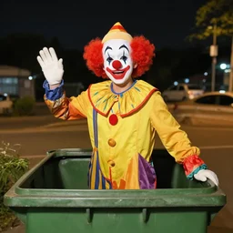 a too friendly clown standing in a dumpster at night