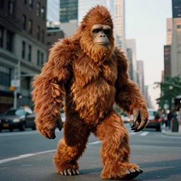 photorealistic photograph of bigfoot, 3 5 mm film, fuji, leica s, bigfoot, nyc, in the style of fashion photography, intricate, golden hour