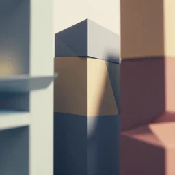abstract geometric art made of boxes arranged like modern architecture, three point perspective, shallow focal lens, analogous complementary colour scheme, hyperrealism, octane render