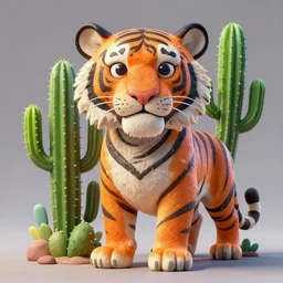 stylish colourful caricature - 3 d vfx art - of a tiger - cactus plant hybrid, art style by james jean & hsiao - ron cheng, character concept art, unreal engine render, digital illustration, sharp, intricate detail, volumetric light, ray tracing, soft light, claymation style, symmetric, acrylic on canvas, pinterest, artstation, behance,