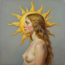 an uncut centered overdetailed hypermaximalist sideview fullbody portrait shot of sun goddess, realistic painting by dragan ilic di vogo | fantastic realism / surrealism inspired by dom qwek. contrapose. muted colors. complementary colors. smooth and polished. visionary fineart.
