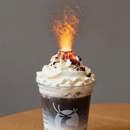 coffee cup with a volcano erupting inside of the whipped cream on top of the cup
