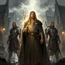 epic portrait of a druid, paladin and rogue on the streets of a fantasy town, cloudy, rain, glowing, huge, broad light, ambient occlusion, volumetric light effect, made by ivan aivazovsky, peter mohrbacher, greg rutkowski, matte painting, trending on artstation, 4 k, perfectly defined features, digital painting,