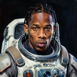 a beautiful ukiyo painting of travis scott as a timepunk battle space pilot, wearing space techwear, detailed close up portrait, intricate complexity, concept art, by takato yamamoto, wlop, krenz cushart. cinematic dramatic atmosphere, sharp focus, digital full likeness art. center frame