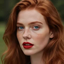 Close up photo of the left side of the head of a redhead woman with gorgeous blue eyes and wavy long red hair, red detailed lips and freckles who looks directly at the camera. Slightly open mouth. Whole head visible and covers half of the frame, with a park visible in the background. 135mm nikon.