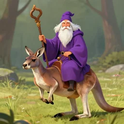 an old wizard, with a long white beard, he is riding a kangaroo, the old wizard has purple robes and a staff.