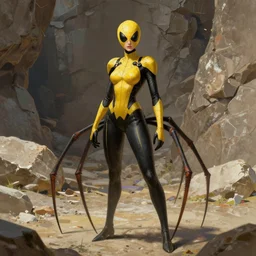 full body character sheet of a woman in an orb weaver spider inspired costume standing in a rock quarry, character sheet, matte painting, john singer sargent, good value control, highly detailed portrait, character turnaround, digital painting, concept art, sharp focus, smooth, illustration, yellow and black color scheme,