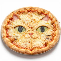 a pizza with cat eyes on it, photograph, 8 k resolution, food photography, studio lighting