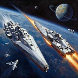 A highly detailed Sci-Fi concept art matte oil painting by Greg Rutkowski and Thomas Kinkade of an epic Space battle , Two massive capital ships firing at it each other ,while small fighter ships fly in formation ready to attack , planets in the background .