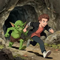an artists rendering of pete davidson being chased through a cave by a green goblin
