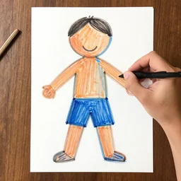 a photograph of a person whose body is drawn by a kid